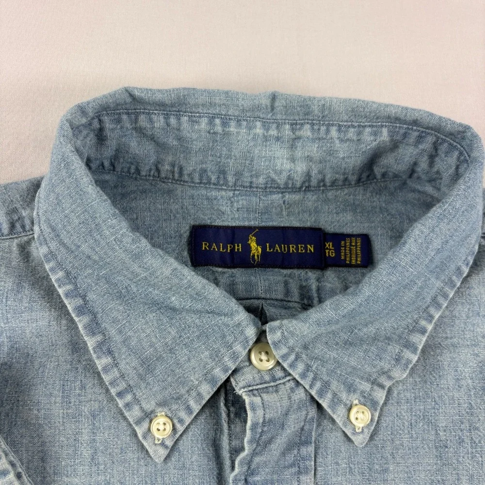 Polo Ralph Lauren Shirt Mens XL Blue Chambray Button Up Denim Style Flesh Pony